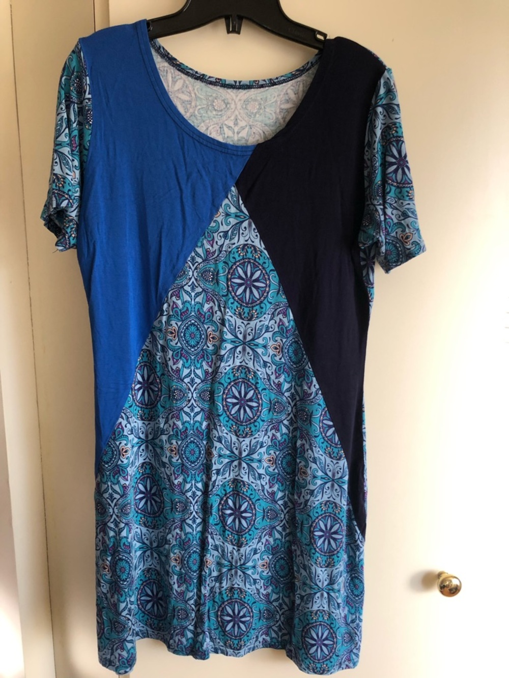Women's Blue Mixed-Panel Short Sleeve Tunic with Geometric Print